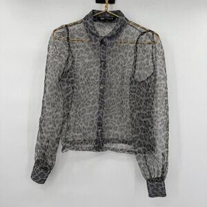ZARA Sheer Leopard Print Button Front Long puff Balloon Sleeves Top Size XS